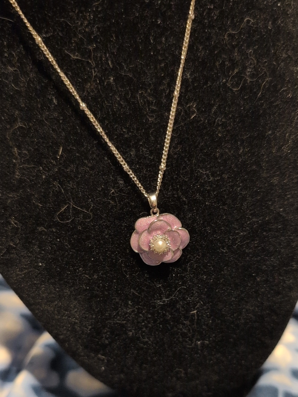 Silver Necklace with Pink Flower Pendant by